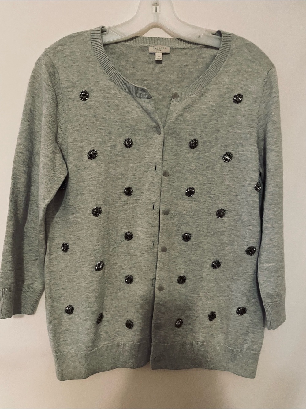 Talbots Gray Beaded Dot Snap-Front Cardigan